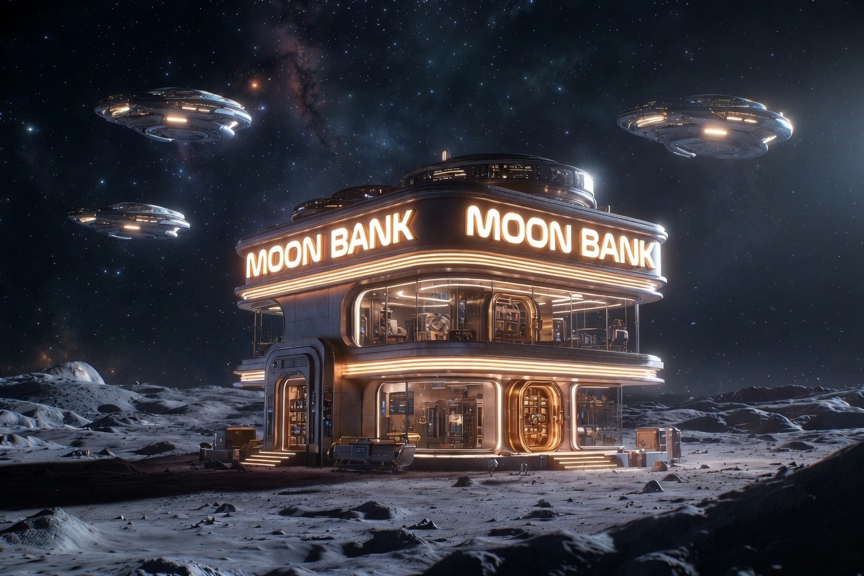 $MOON Bank — a glowing amber-lit bank on the lunar surface