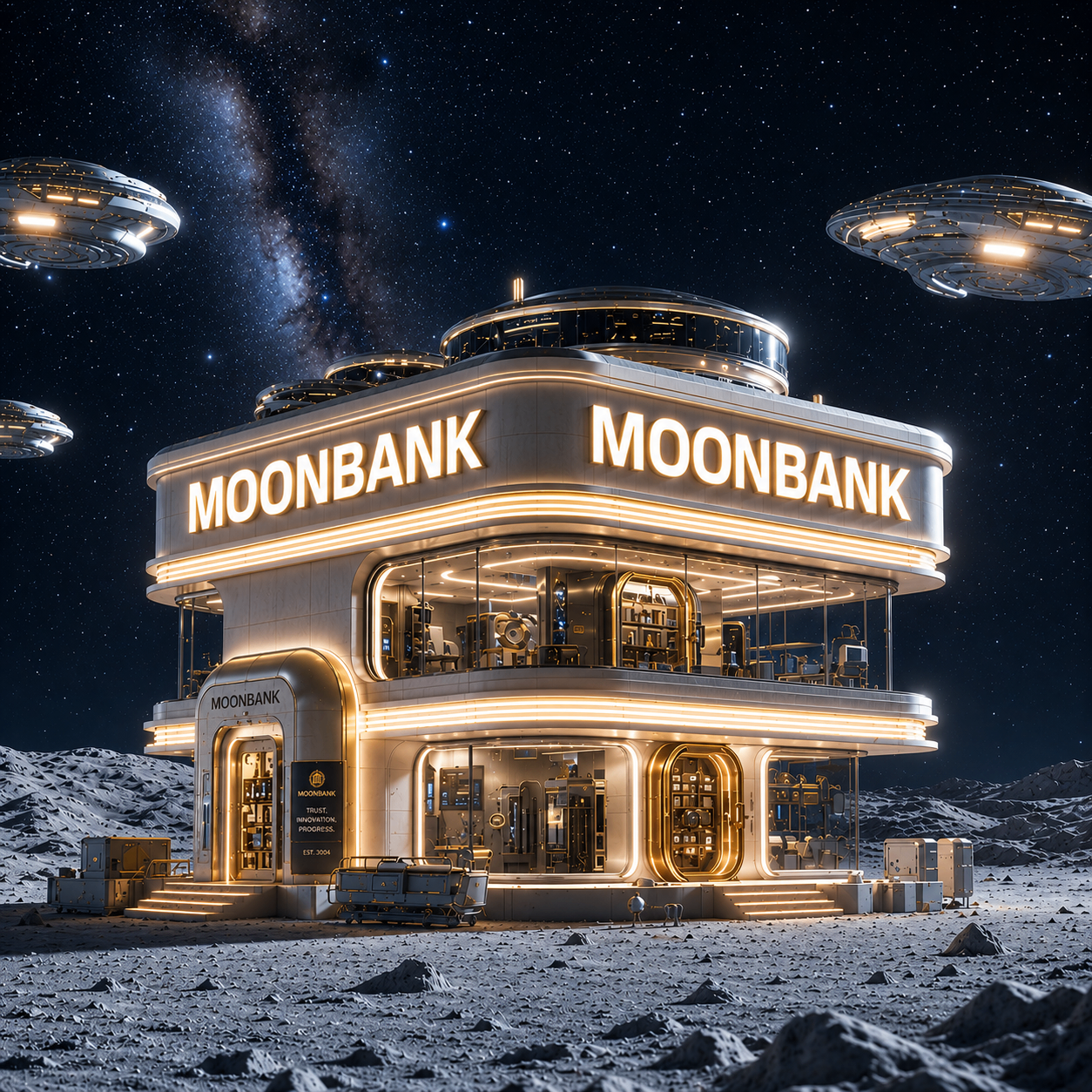 $MOONBANK — a glowing amber-lit bank on the lunar surface