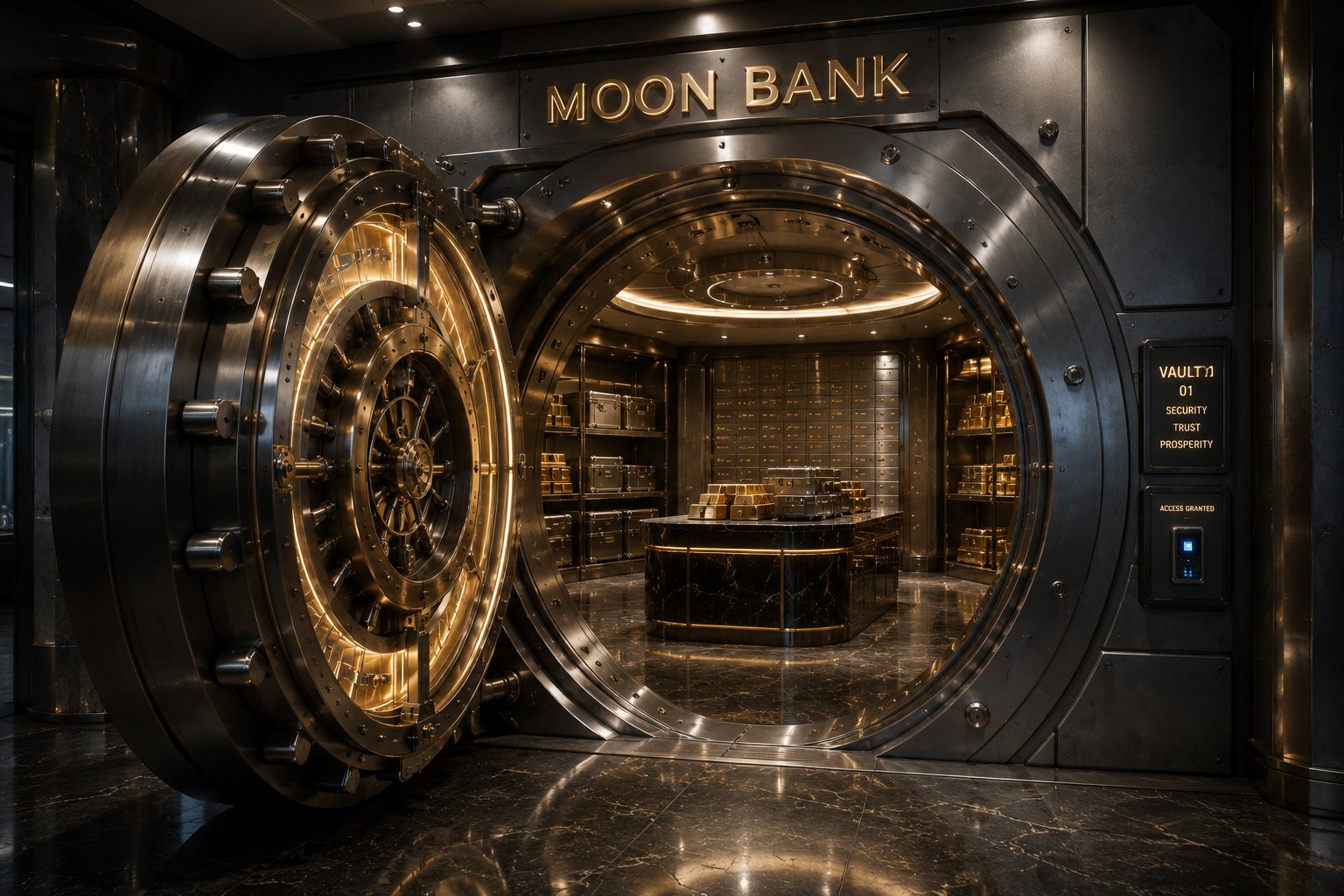 The $MOON Bank — a neon-lit branch on the lunar surface with hovering UFOs
